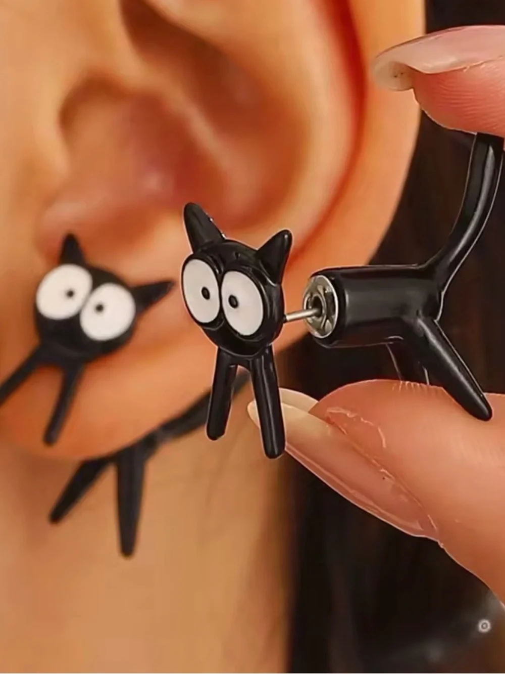 Cute Black Cat Stud Earrings with White Eyes - Picture 6 of 8